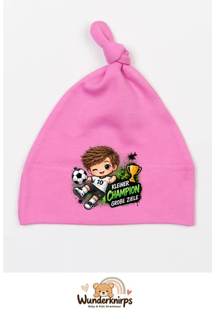 Knotenmütze Babybugz BZ15 in Bubblegum-Pink mit Motiv Kleiner Champion, große Ziele