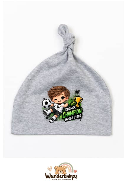 Knotenmütze Babybugz BZ15 in Grau meliert mit Motiv Kleiner Champion, große Ziele