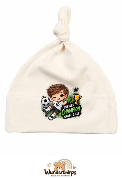 Knotenmütze Babybugz BZ15 in Natur mit Motiv Kleiner Champion, große Ziele