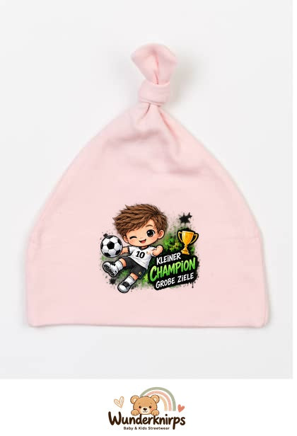 Knotenmütze Babybugz BZ15 in Pastellrosa mit Motiv Kleiner Champion, große Ziele