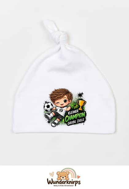 Knotenmütze Babybugz BZ15 in Weiß mit Motiv Kleiner Champion, große Ziele