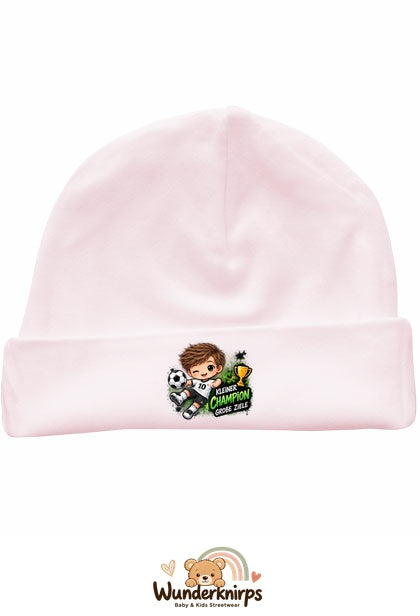 Umschlagmütze Rox-01 in Pastellrosa mit Motiv Kleiner Champion, große Ziele