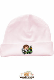 Umschlagmütze Rox-01 in Pastellrosa mit Motiv Kleiner Champion, große Ziele