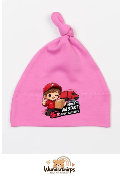 Knotenmütze Babybugz BZ15 in Bubblegum-Pink mit Motiv Zusteller Immer am Start