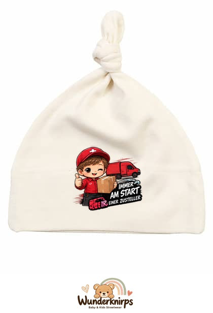 Knotenmütze Babybugz BZ15 in Natur mit Motiv Zusteller Immer am Start