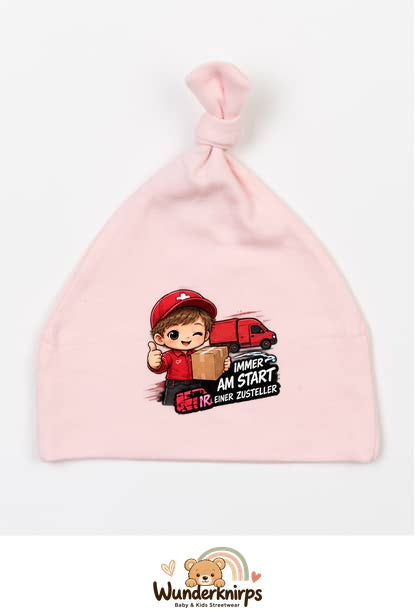 Knotenmütze Babybugz BZ15 in Pastellrosa mit Motiv Zusteller Immer am Start