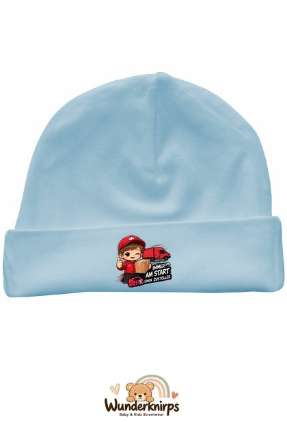 Umschlagmütze Rox-01 in Pastellblau mit Motiv Zusteller Immer am Start