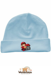 Umschlagmütze Rox-01 in Pastellblau mit Motiv Zusteller Immer am Start