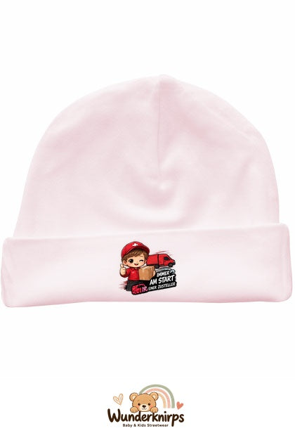 Umschlagmütze Rox-01 in Pastellrosa mit Motiv Zusteller Immer am Start