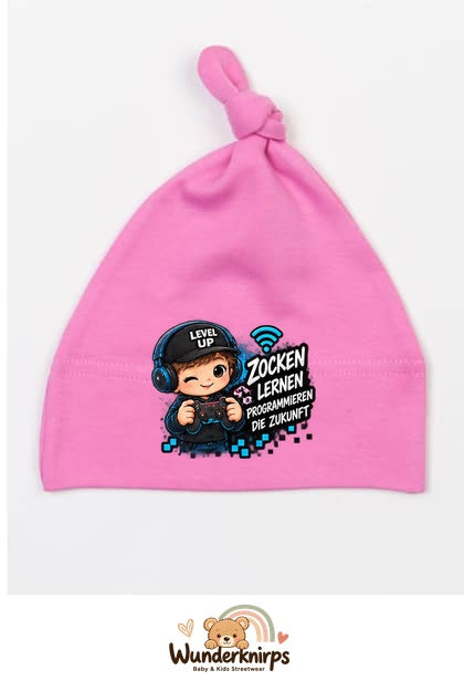Knotenmütze Babybugz BZ15 in Bubblegum-Pink mit Motiv Zocken, lernen, programmieren