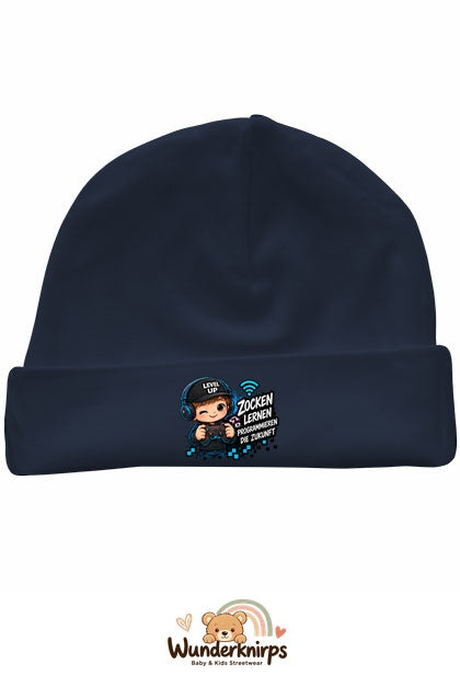 Umschlagmütze Rox-01 in Marineblau mit Motiv Zocken, lernen, programmieren