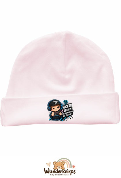 Umschlagmütze Rox-01 in Pastellrosa mit Motiv Zocken, lernen, programmieren