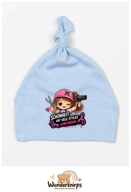 Knotenmütze Babybugz BZ15 in Staubblau mit Motiv Friseurin Schönheit hat viele Styles
