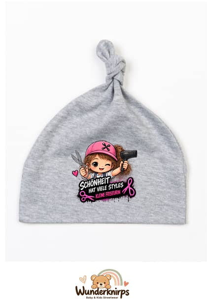 Knotenmütze Babybugz BZ15 in Grau meliert mit Motiv Friseurin Schönheit hat viele Styles