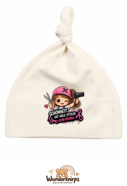 Knotenmütze Babybugz BZ15 in Natur mit Motiv Friseurin Schönheit hat viele Styles
