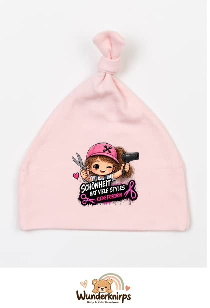 Knotenmütze Babybugz BZ15 in Pastellrosa mit Motiv Friseurin Schönheit hat viele Styles