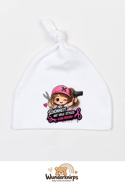 Knotenmütze Babybugz BZ15 in Weiß mit Motiv Friseurin Schönheit hat viele Styles