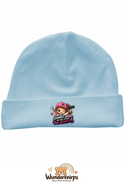 Umschlagmütze Rox-01 in Pastellblau mit Motiv Friseurin Schönheit hat viele Styles
