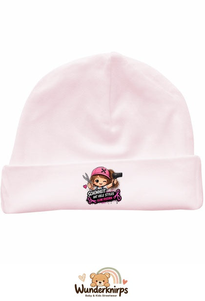 Umschlagmütze Rox-01 in Pastellrosa mit Motiv Friseurin Schönheit hat viele Styles