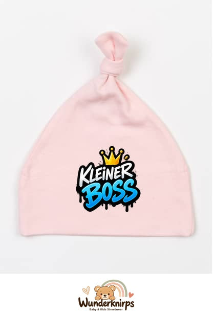 Knotenmütze Babybugz BZ15 in Pastellrosa mit Motiv Kleiner Boss