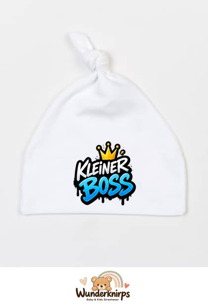 Knotenmütze Babybugz BZ15 in Weiß mit Motiv Kleiner Boss