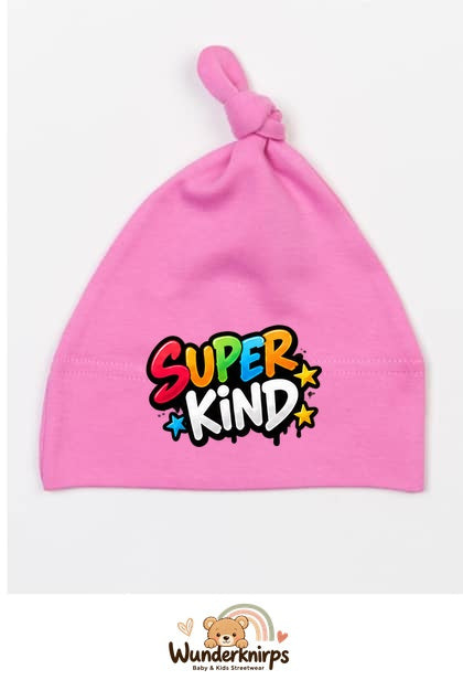 Knotenmütze Babybugz BZ15 in Bubblegum-Pink mit Motiv Super Kind