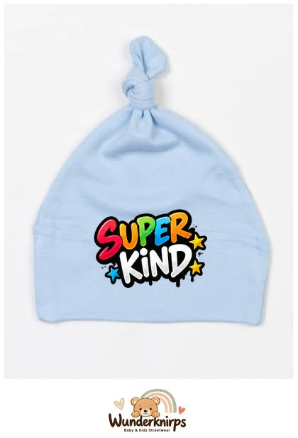 Knotenmütze Babybugz BZ15 in Staubblau mit Motiv Super Kind