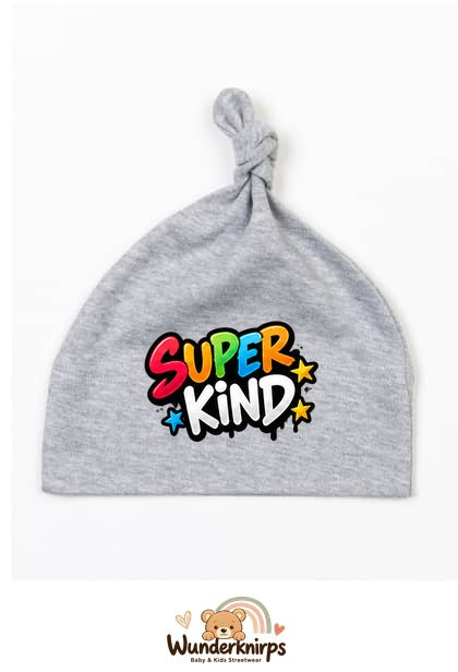 Knotenmütze Babybugz BZ15 in Grau meliert mit Motiv Super Kind