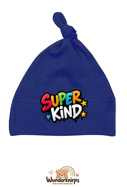 Knotenmütze Babybugz BZ15 in Marineblau mit Motiv Super Kind