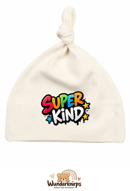 Knotenmütze Babybugz BZ15 in Natur mit Motiv Super Kind