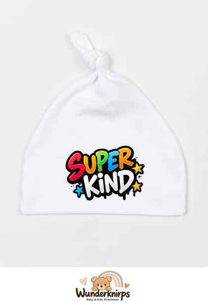 Knotenmütze Babybugz BZ15 in Weiß mit Motiv Super Kind