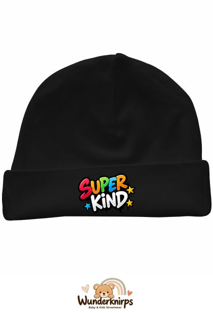 Umschlagmütze Rox-01 in Schwarz mit Motiv Super Kind