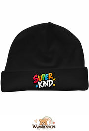 Umschlagmütze Rox-01 in Schwarz mit Motiv Super Kind