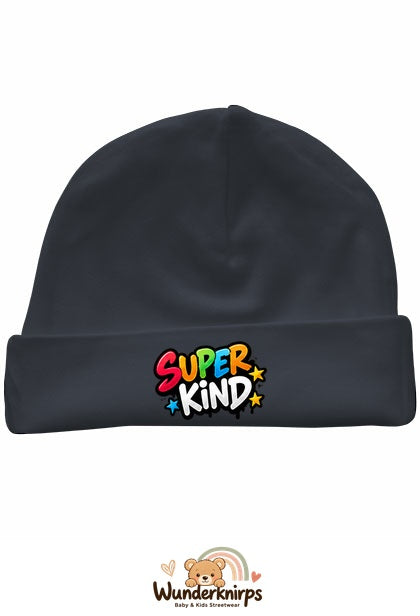 Umschlagmütze Rox-01 in Anthrazit mit Motiv Super Kind