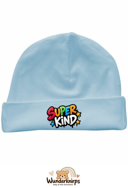 Umschlagmütze Rox-01 in Pastellblau mit Motiv Super Kind