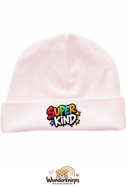 Umschlagmütze Rox-01 in Pastellrosa mit Motiv Super Kind