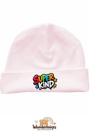 Umschlagmütze Rox-01 in Pastellrosa mit Motiv Super Kind