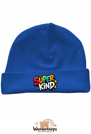 Umschlagmütze Rox-01 in Royalblau mit Motiv Super Kind