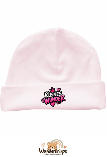 Umschlagmütze Rox-01 in Pastellrosa mit Motiv Kleines Wunder