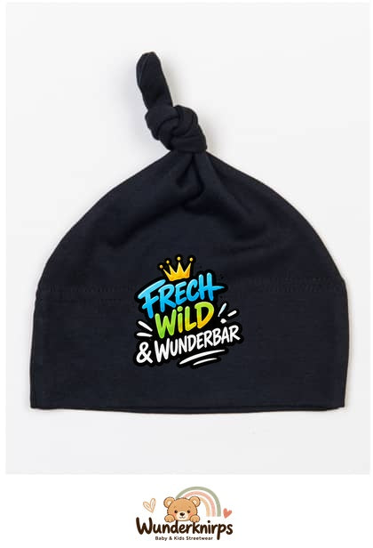 Knotenmütze Babybugz BZ15 in Schwarz mit Motiv Frech, wild und wunderbar
