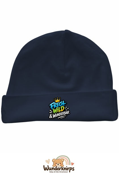 Umschlagmütze Rox-01 in Marineblau mit Motiv Frech, wild und wunderbar