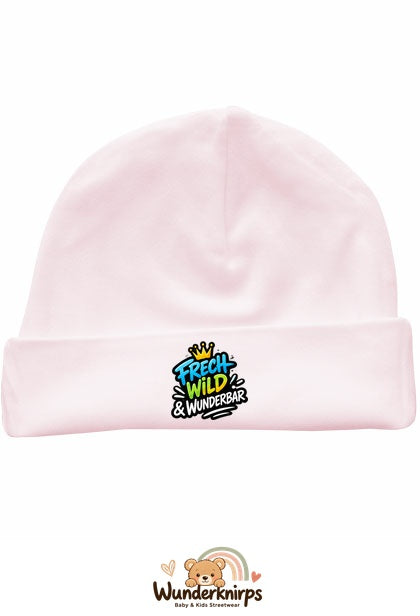 Umschlagmütze Rox-01 in Pastellrosa mit Motiv Frech, wild und wunderbar