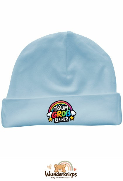 Umschlagmütze Rox-01 in Pastellblau mit Motiv Träum groß, Kleiner