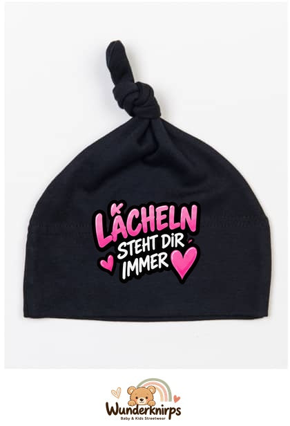 Knotenmütze Babybugz BZ15 in Schwarz mit Motiv Lächeln steht dir immer