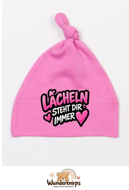 Knotenmütze Babybugz BZ15 in Bubblegum-Pink mit Motiv Lächeln steht dir immer