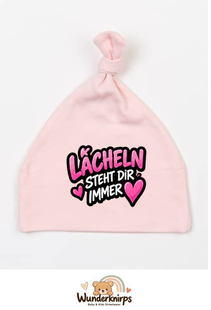 Knotenmütze Babybugz BZ15 in Pastellrosa mit Motiv Lächeln steht dir immer