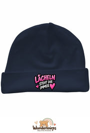 Umschlagmütze Rox-01 in Marineblau mit Motiv Lächeln steht dir immer