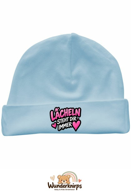 Umschlagmütze Rox-01 in Pastellblau mit Motiv Lächeln steht dir immer