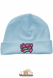 Umschlagmütze Rox-01 in Pastellblau mit Motiv Lächeln steht dir immer