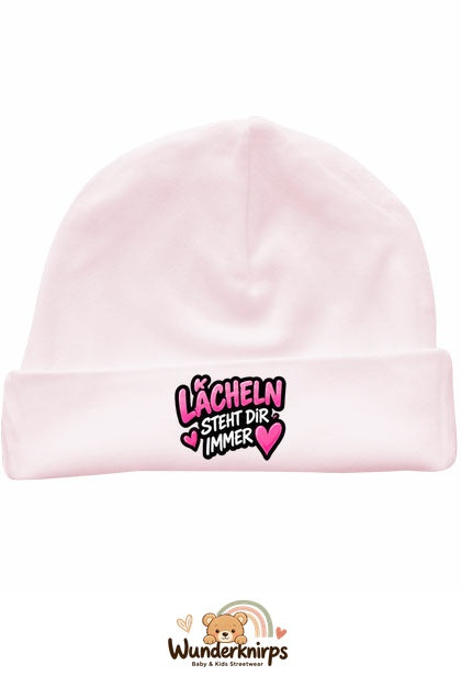 Umschlagmütze Rox-01 in Pastellrosa mit Motiv Lächeln steht dir immer